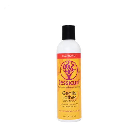 Jessicurl Gentle Lather Shampoo bottle with orange label on a white background
